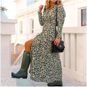 Zara Ditsy Floral Button Front Long Sleeve Midi Dress Green Black Size‎ XS